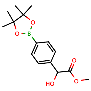 Chemical structure of Methyl 2-hydroxy-2-(4-(4,4,5,5-tetramethyl-1,3,2-dioxaborolan-2-yl)phenyl)acetate , CAS 1639892-78-6, AChemBlock AD272827