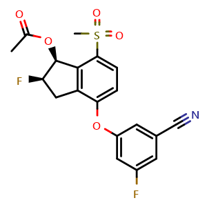 Chemical structure of (1S,2R)-4-(3-Cyano-5-fluorophenoxy)-2-fluoro-7-(methylsulfonyl)-2,3-dihydro-1H-inden-1-yl acetate , CAS 1672668-25-5, AChemBlock AD272831