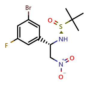 Chemical structure of (S)-N-((S)-1-(3-Bromo-5-fluorophenyl)-2-nitroethyl)-2-methylpropane-2-sulfinamide , CAS 1715032-46-4, AChemBlock AD272835