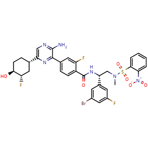 Chemical structure of 4-(3-amino-6-((1S,3S,4S)-3-fluoro-4-hydroxycyclohexyl)pyrazin-2-yl)-N-((S)-1-(3-bromo-5-fluorophenyl)-2-((N-methyl-2-nitrophenyl)sulfonamido)ethyl)-2-fluorobenzamide , CAS 1715032-77-1, AChemBlock AD272837