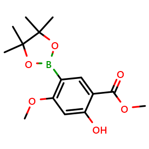 Chemical structure of Methyl 2-hydroxy-4-methoxy-5-(4,4,5,5-tetramethyl-1,3,2-dioxaborolan-2-yl)benzoate , CAS 1820813-99-7, AChemBlock AD272848