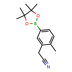 Chemical structure of 2-(2-Methyl-5-(4,4,5,5-tetramethyl-1,3,2-dioxaborolan-2-yl)phenyl)acetonitrile , CAS 1857348-85-6, AChemBlock AD272849