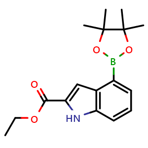 Chemical structure of Ethyl 4-(4,4,5,5-tetramethyl-1,3,2-dioxaborolan-2-yl)-1H-indole-2-carboxylate , CAS 1884496-52-9, AChemBlock AD272854