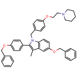 Chemical structure of 5-(Benzyloxy)-2-(4-(benzyloxy)phenyl)-3-methyl-1-(4-(2-(piperidin-1-yl)ethoxy)benzyl)-1H-indole , CAS 198480-20-5, AChemBlock AD272867