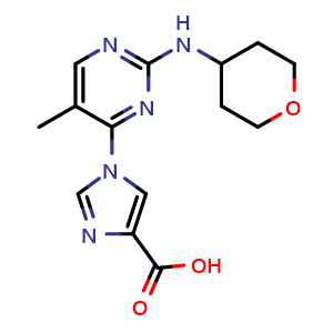 Chemical structure of 1-(5-Methyl-2-((tetrahydro-2H-pyran-4-yl)amino)pyrimidin-4-yl)-1H-imidazole-4-carboxylic acid , CAS 2055501-34-1, AChemBlock AD272874