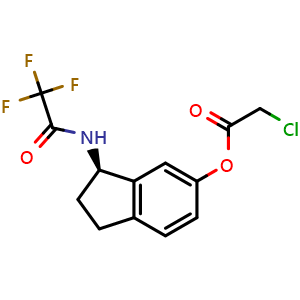 Chemical structure of (R)-3-(2,2,2-Trifluoroacetamido)-2,3-dihydro-1H-inden-5-yl 2-chloroacetate , CAS 209394-88-7, AChemBlock AD272881