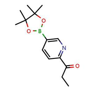 Chemical structure of 1-(5-(4,4,5,5-Tetramethyl-1,3,2-dioxaborolan-2-yl)pyridin-2-yl)propan-1-one , CAS 2096339-22-7, AChemBlock AD272882