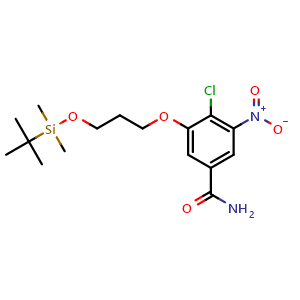 Chemical structure of 3-(3-((tert-Butyldimethylsilyl)oxy)propoxy)-4-chloro-5-nitrobenzamide , CAS 2137975-70-1, AChemBlock AD272889