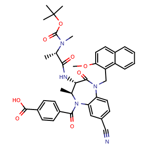 Chemical structure of 4-((2S,3S)-3-((S)-2-((tert-Butoxycarbonyl)(methyl)amino)propanamido)-8-cyano-5-((2-methoxynaphthalen-1-yl)methyl)-2-methyl-4-oxo-2,3,4,5-tetrahydro-1H-benzo[b][1,4]diazepine-1-carbonyl)benzoic acid , CAS 2158322-19-9, AChemBlock AD272892