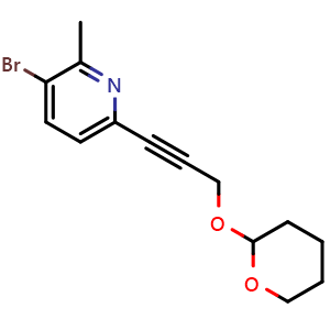 Chemical structure of 3-Bromo-2-methyl-6-(3-((tetrahydro-2H-pyran-2-yl)oxy)prop-1-yn-1-yl)pyridine , CAS 2170129-03-8, AChemBlock AD272894