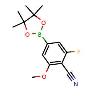 Chemical structure of 2-Fluoro-6-methoxy-4-(4,4,5,5-tetramethyl-1,3,2-dioxaborolan-2-yl)benzonitrile , CAS 2229832-40-8, AChemBlock AD272900