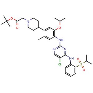 Chemical structure of tert-Butyl 2-(4-(4-((5-chloro-4-((2-(isopropylsulfonyl)phenyl)amino)pyrimidin-2-yl)amino)-5-isopropoxy-2-methylphenyl)piperidin-1-yl)acetate , CAS 2230077-12-8, AChemBlock AD272901