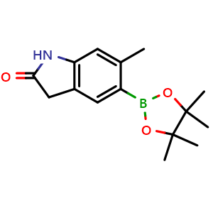 Chemical structure of 6-Methyl-5-(4,4,5,5-tetramethyl-1,3,2-dioxaborolan-2-yl)indolin-2-one , CAS 2246720-36-3, AChemBlock AD272909
