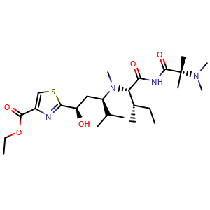 Chemical structure of N,N,2-Trimethylalanyl-N-[(1R,3R)-3-[4-(ethoxycarbonyl)-2-thiazolyl]-3-hydroxy-1-(1-methylethyl)propyl]-N-methyl-L-isoleucinamide , CAS 2247505-96-8, AChemBlock AD272912
