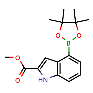 Chemical structure of Methyl 4-(4,4,5,5-tetramethyl-1,3,2-dioxaborolan-2-yl)-1H-indole-2-carboxylate , CAS 2247628-02-8, AChemBlock AD272913