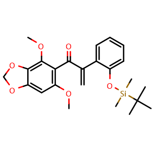 Chemical structure of 2-(2-((tert-Butyldimethylsilyl)oxy)phenyl)-1-(4,6-dimethoxybenzo[d][1,3]dioxol-5-yl)prop-2-en-1-one , CAS 2307215-75-2, AChemBlock AD272921