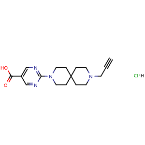 Chemical structure of 2-(9-(prop-2-yn-1-yl)-3,9-diazaspiro[5.5]undecan-3-yl)pyrimidine-5-carboxylic acid hydrochloride , CAS 2363174-61-0, AChemBlock AD272922