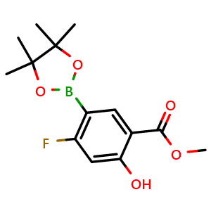 Chemical structure of Methyl 4-fluoro-2-hydroxy-5-(4,4,5,5-tetramethyl-1,3,2-dioxaborolan-2-yl)benzoate , CAS 2379311-49-4, AChemBlock AD272927
