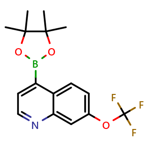 Chemical structure of 4-(4,4,5,5-Tetramethyl-1,3,2-dioxaborolan-2-yl)-7-(trifluoromethoxy)quinoline , CAS 2396535-58-1, AChemBlock AD272931