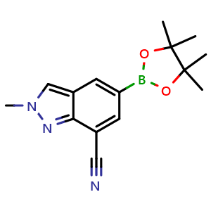 Chemical structure of 2-Methyl-5-(4,4,5,5-tetramethyl-1,3,2-dioxaborolan-2-yl)-2H-indazole-7-carbonitrile , CAS 2408046-47-7, AChemBlock AD272934