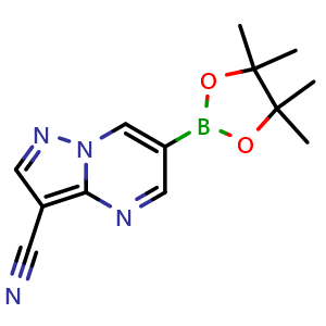 Chemical structure of 6-(4,4,5,5-Tetramethyl-1,3,2-dioxaborolan-2-yl)pyrazolo[1,5-a]pyrimidine-3-carbonitrile , CAS 2434640-42-1, AChemBlock AD272941