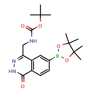 Chemical structure of tert-Butyl ((4-oxo-7-(4,4,5,5-tetramethyl-1,3,2-dioxaborolan-2-yl)-3,4-dihydrophthalazin-1-yl)methyl)carbamate , CAS 2629316-13-6, AChemBlock AD272952