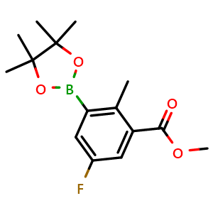 Chemical structure of Methyl 5-fluoro-2-methyl-3-(4,4,5,5-tetramethyl-1,3,2-dioxaborolan-2-yl)benzoate , CAS 2762738-14-5, AChemBlock AD272960