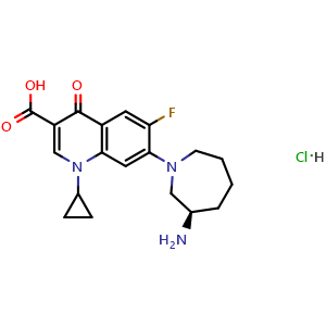 Chemical structure of (R)-7-(3-aminoazepan-1-yl)-1-cyclopropyl-6-fluoro-4-oxo-1,4-dihydroquinoline-3-carboxylic acid hydrochloride , CAS 2768147-52-8, AChemBlock AD272961