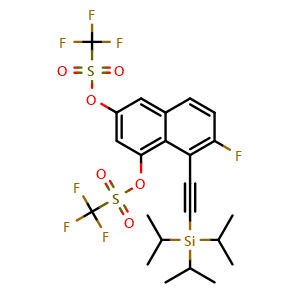 Chemical structure of 7-Fluoro-8-((triisopropylsilyl)ethynyl)naphthalene-1,3-diyl bis(trifluoromethanesulfonate) , CAS 2816821-06-2, AChemBlock AD272968