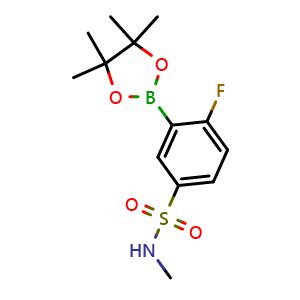 Chemical structure of 4-Fluoro-N-methyl-3-(4,4,5,5-tetramethyl-1,3,2-dioxaborolan-2-yl)benzenesulfonamide , CAS 2821763-93-1, AChemBlock AD272972