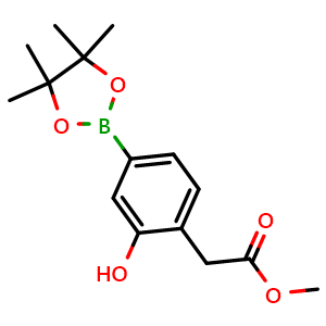 Chemical structure of Methyl 2-(2-hydroxy-4-(4,4,5,5-tetramethyl-1,3,2-dioxaborolan-2-yl)phenyl)acetate , CAS 2870647-60-0, AChemBlock AD272975