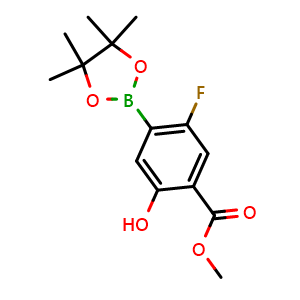 Chemical structure of Methyl 5-fluoro-2-hydroxy-4-(4,4,5,5-tetramethyl-1,3,2-dioxaborolan-2-yl)benzoate , CAS 2953661-62-4, AChemBlock AD272982