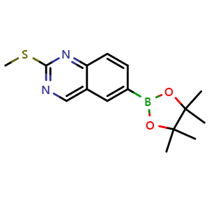 Chemical structure of 2-(Methylthio)-6-(4,4,5,5-tetramethyl-1,3,2-dioxaborolan-2-yl)quinazoline , CAS 2976332-50-8, AChemBlock AD272983