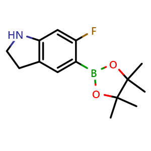 Chemical structure of 6-Fluoro-5-(4,4,5,5-tetramethyl-1,3,2-dioxaborolan-2-yl)indoline , CAS 3025801-08-2, AChemBlock AD272990