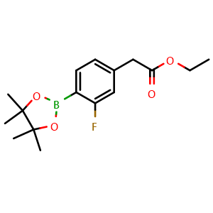 Chemical structure of Ethyl 2-(3-fluoro-4-(4,4,5,5-tetramethyl-1,3,2-dioxaborolan-2-yl)phenyl)acetate , CAS 3031106-68-7, AChemBlock AD272993