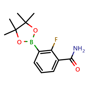 Chemical structure of 2-Fluoro-3-(4,4,5,5-tetramethyl-1,3,2-dioxaborolan-2-yl)benzamide , CAS 3050887-88-9, AChemBlock AD273001
