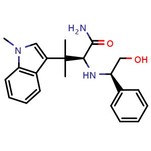 Chemical structure of (S)-2-(((R)-2-Hydroxy-1-phenylethyl)amino)-3-methyl-3-(1-methyl-1H-indol-3-yl)butanamide , CAS 377779-93-6, AChemBlock AD273006