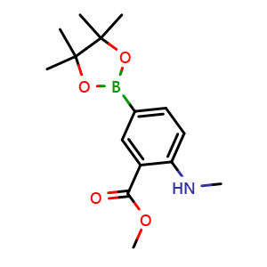 Chemical structure of Methyl 2-(methylamino)-5-(4,4,5,5-tetramethyl-1,3,2-dioxaborolan-2-yl)benzoate , CAS 736990-25-3, AChemBlock AD273019