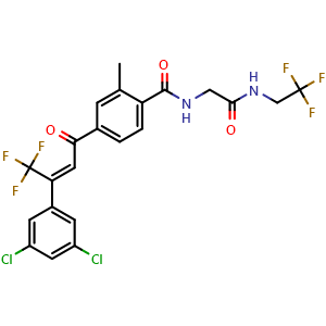 Chemical structure of (Z)-4-(3-(3,5-Dichlorophenyl)-4,4,4-trifluorobut-2-enoyl)-2-methyl-N-(2-oxo-2-((2,2,2-trifluoroethyl)amino)ethyl)benzamide , CAS 943436-93-9, AChemBlock AD273040