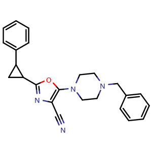 Chemical structure of 5-(4-benzylpiperazin-1-yl)-2-(2-phenylcyclopropyl)oxazole-4-carbonitrile , CAS 1796934-77-4, AChemBlock AD273047