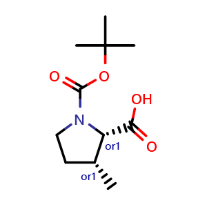 Chemical structure of cis-1-Boc-3-methyl-pyrrolidine-2-carboxylic acid , CAS 2716849-59-9, AChemBlock AD273093