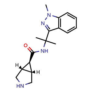 Chemical structure of (1α,5α,6α)-N-[1-Methyl-1-(1-methyl-1H-indazol-3-yl)ethyl]-3-azabicyclo[3.1.0]hexane-6-carboxamide , CAS 1638588-94-9, AChemBlock AD273145