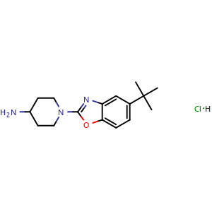 Chemical structure of 1-(5-tert-Butyl-1,3-benzoxazol-2-yl)piperidin-4-amine hydrochloride , CAS 1035840-48-2, AChemBlock AD273188