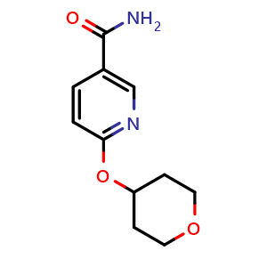 Chemical structure of 6-(Tetrahydro-pyran-4-yloxy)-nicotinamide , CAS 1334490-82-2, AChemBlock AD273212