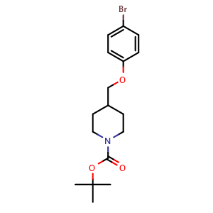 Chemical structure of 1,1-Dimethylethyl 4-{[(4-bromophenyl)-oxy]methyl}-1-piperidinecarboxylate , CAS 180847-23-8, AChemBlock AD273230