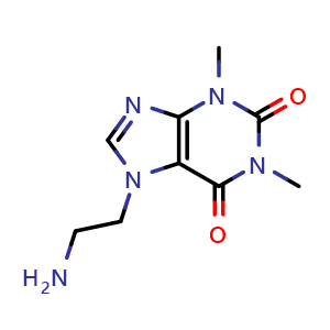 Chemical structure of 7-(2-Aminoethyl)-1,3-dimethyl-2,3,6,7-tetrahydro-1H-purine-2,6-dione , CAS 35206-02-1, AChemBlock AD273263