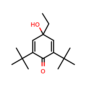 Chemical structure of 2,6-di-tert-butyl-4-ethyl-4-hydroxycyclohexa-2,5-dien-1-one , CAS 56207-20-6, AChemBlock AD273282