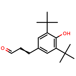 Chemical structure of 3-(3,5-di-tert-butyl-4-hydroxyphenyl)acrylaldehyde , CAS 789-89-9, AChemBlock AD273297