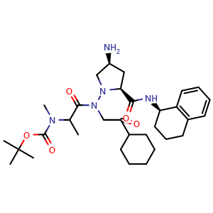 Chemical structure of (1-{(2s)-[(4s)-Amino-2-(1,2,3,4-tetrahydro-naphthalen-(1r)-ylcarbamoyl)-pyrrolidin-1-yl]-(1s)-cyclohexyl-(2s)-oxo-ethylcarbamoyl}-ethyl)-methyl-carbamic acid tert-butyl ester , CAS 1613552-03-6, AChemBlock AD273319