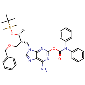Chemical structure of 6-amino-9-[(5R,6R)-6-[(benzyloxy)methyl]-2,2,3,3,5-pentamethyl-4-oxa-3-silahept-7-yl]purine-2-yl (diphenylamino)methanoate , AChemBlock AD273334